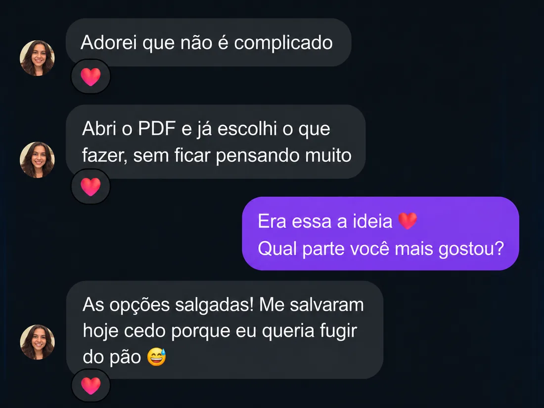Depoimento sobre abrir o PDF e escolher uma receita fácil