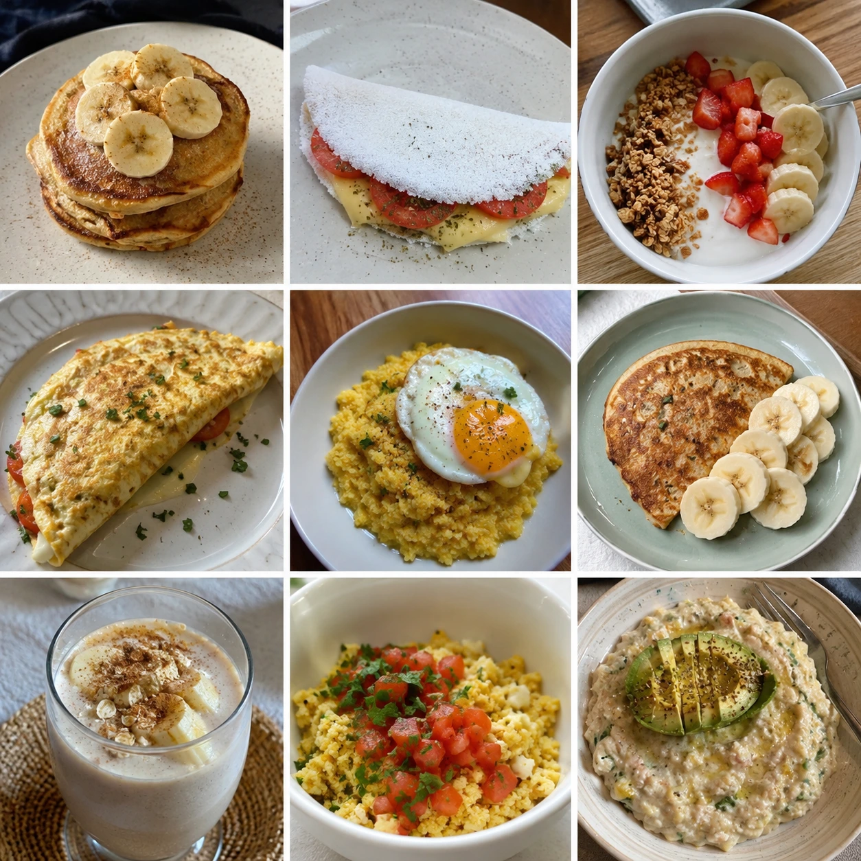 Exemplos de cafés da manhã sem pão, como panqueca de banana, tapioca, omelete, cuscuz com ovo e iogurte com frutas