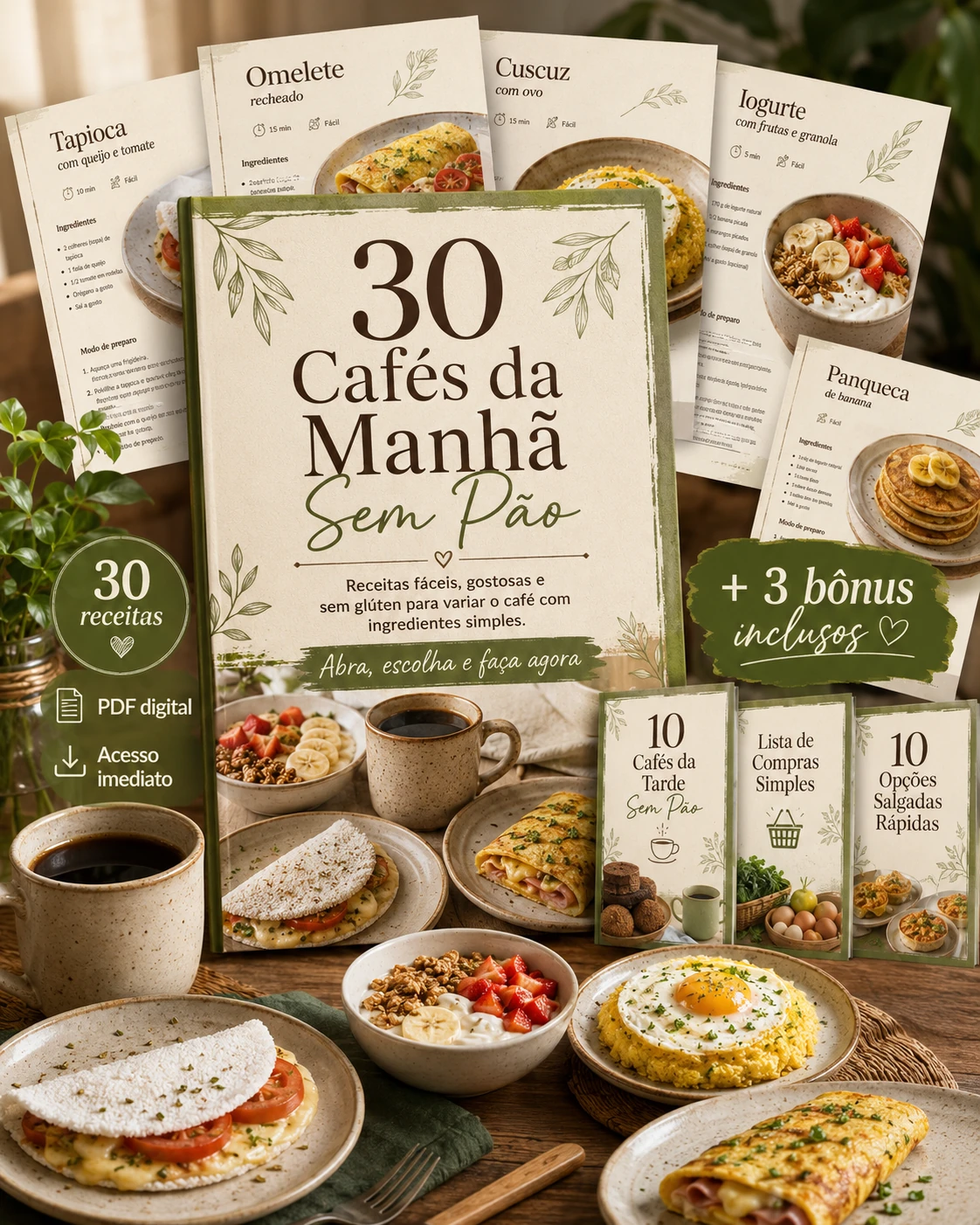 Mockup do produto 30 Cafés da Manhã Sem Pão com capa principal, páginas internas e bônus