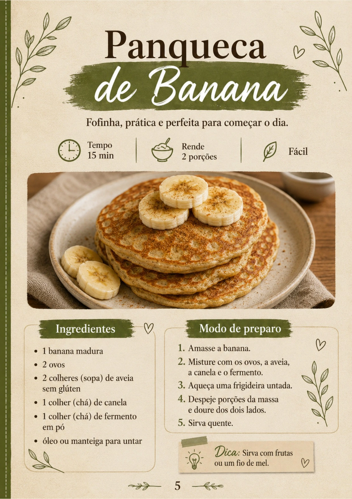 Página interna da receita Panqueca de Banana do PDF 30 Cafés da Manhã Sem Pão