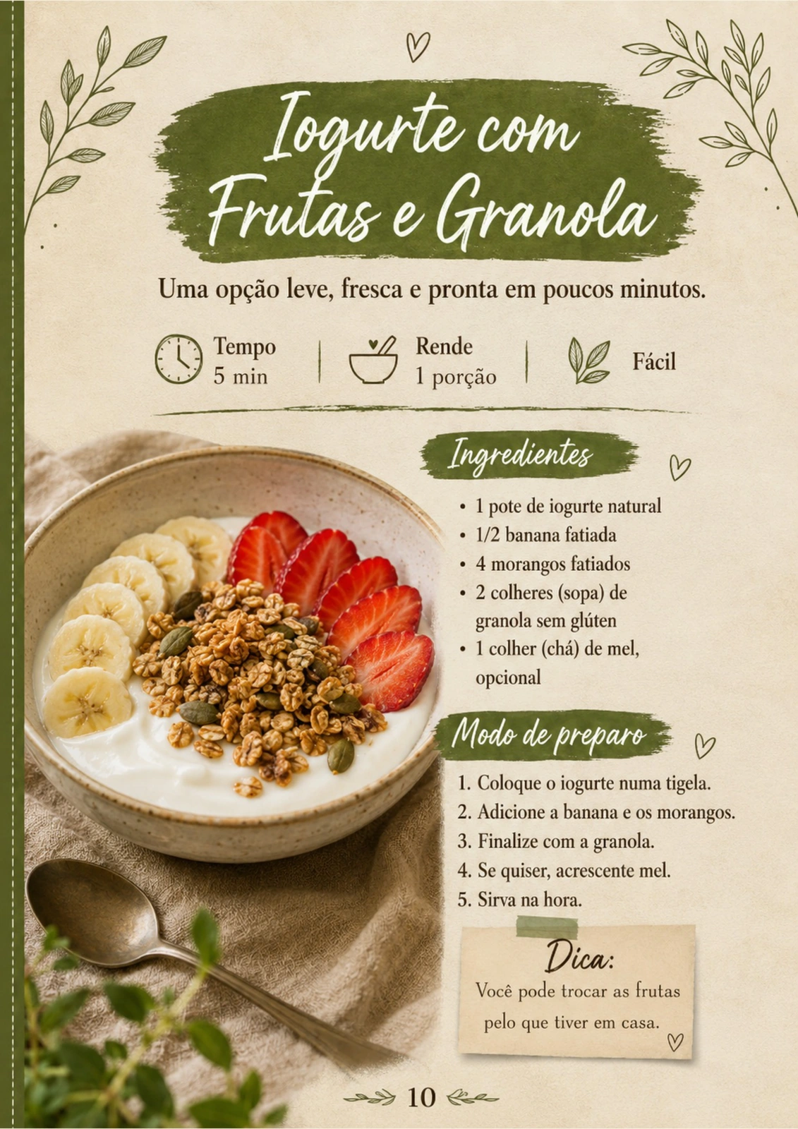 Página interna da receita Iogurte com Frutas e Granola do PDF 30 Cafés da Manhã Sem Pão