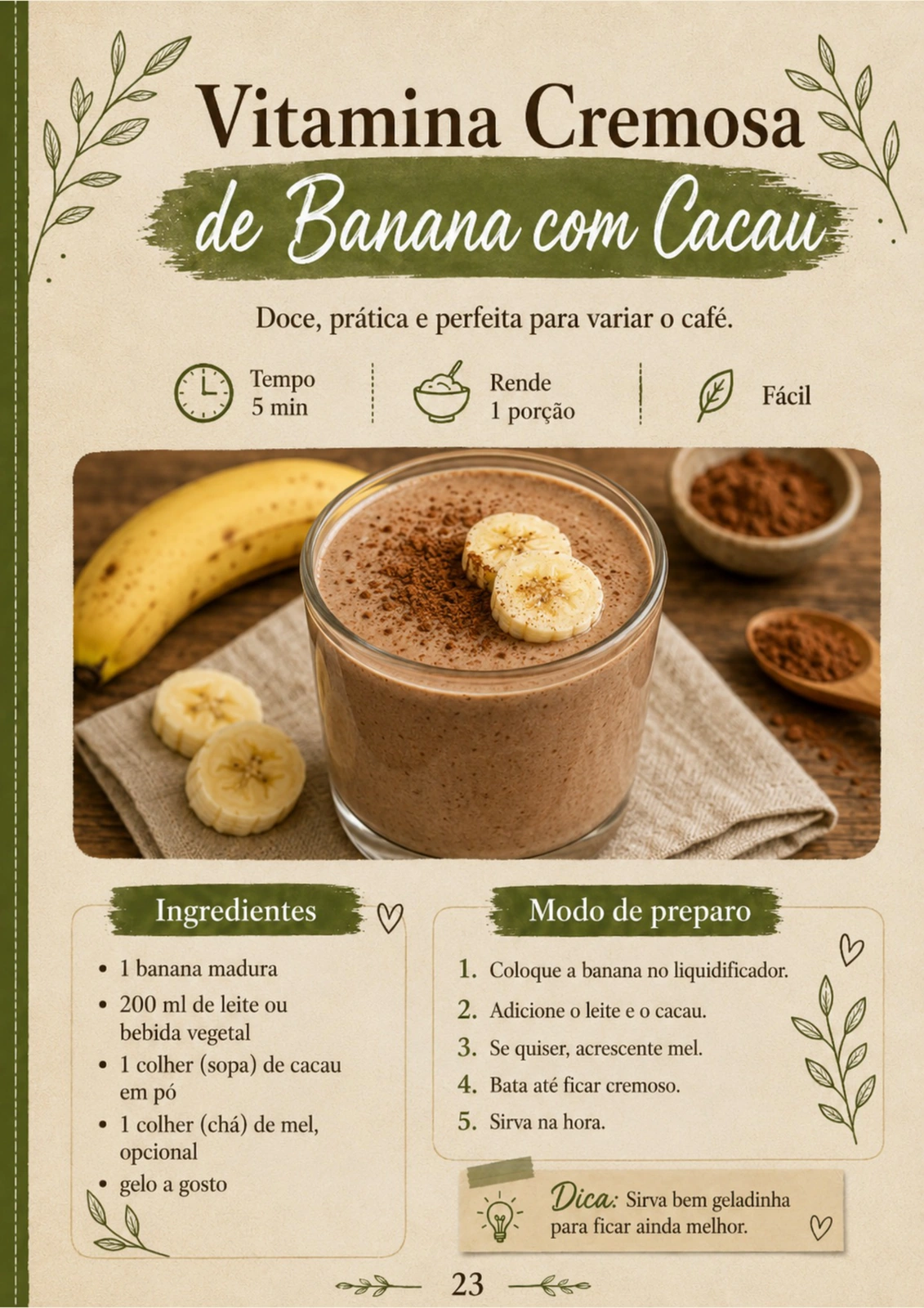 Página interna da receita Vitamina de Banana com Aveia do PDF 30 Cafés da Manhã Sem Pão